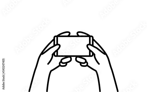 スマートフォンの操作、両手でスマホを持つシンプルな線画
