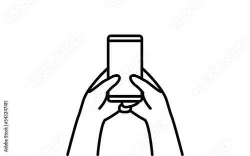 スマートフォンの操作、両手でスマホを持つシンプルな線画