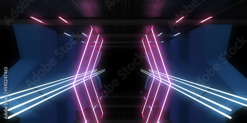 3D abstract background with neon lights. neon tunnel  .space construction . .3d illustration3 photo