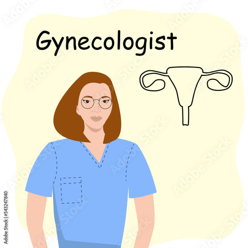 A female gynecologist in a medical uniform with a schematic image of female organs, vector illustration