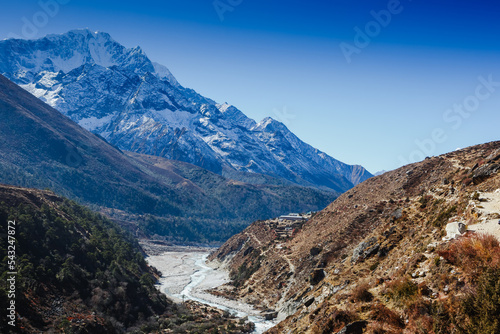 Himalayan mountain and autentic village landscape photo
