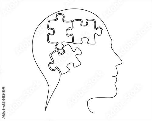 Head of a man with puzzle inside  drawn in one line on a white background. One-line drawing. Continuous line. Vector