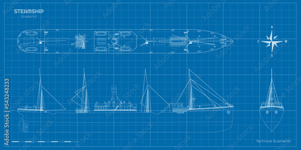Outline steamer drawing. Contour steamship industrial blueprint. Old ship view: top, side and front. Steamboat document. Industry vehicle