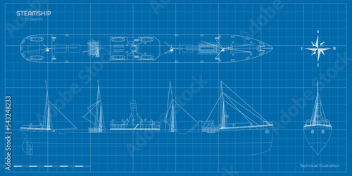 Outline steamer drawing. Contour steamship industrial blueprint. Old ship view: top, side and front. Steamboat document. Industry vehicle