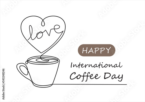 Happy Coffee Day  Continuous line drawing. A cup of hot coffee. Heart shaped steam.