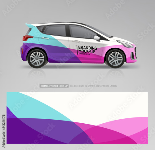 Car mockup and branding sticker wrap design. Company Car mockup. Branding vehicle graphics. Abstract corporate identity background dsgn for company car. Editable vector template