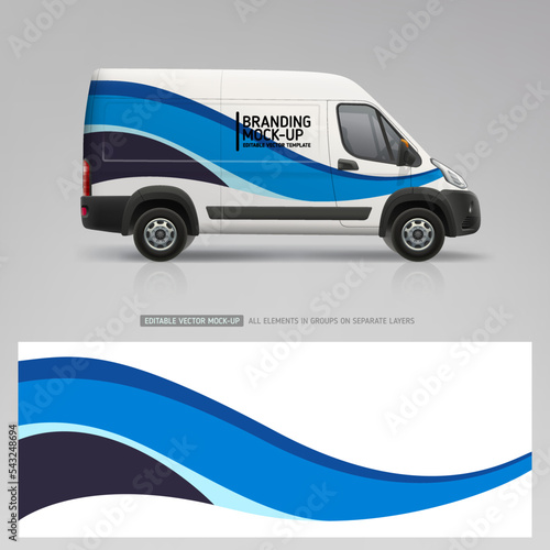Side view Van mockup with wrap branding design. Wrap, sticker and decal design for company. Abstract blue graphics on corporate vehicle. Editable vector

