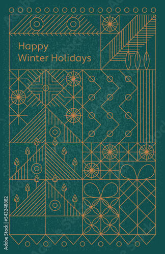 Modern minimal printable thin line postcard template with happy winter holidays. Vector festive green-gold background with simple geometric pattern
