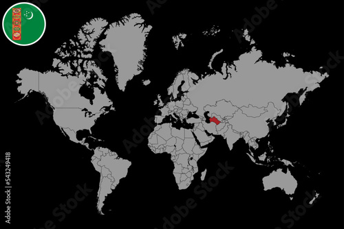 Pin map with Turkmenistan flag on world map. Vector illustration.