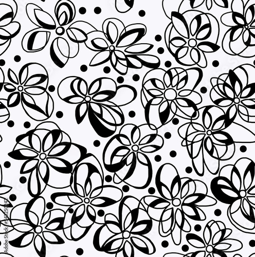Floral black and white pattern on a white background, abstract design, seamless background.
