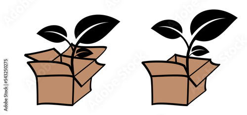 Cartoon, environmental carton or paper box with leaf. Recycled, package boxes with concept of environmentally. Friendly biodegradable packaging solutions. Plant growing, inside the cardboard box