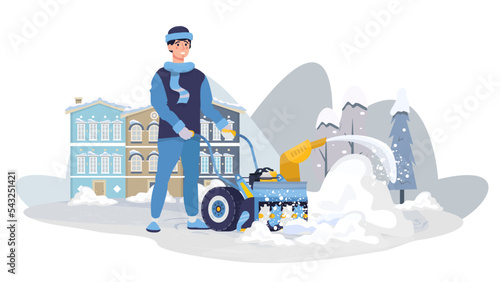 Man removing snow with a snow blower machine. Cleaning snowy road in the city. Winter urban works. Flat vector illustration.