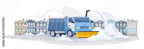 Snow removing in the city. Snowplow working on the snowy road. Snow truck cleaning streets in town. Winter public works on snow removal. Flat horizontal vector illustration.