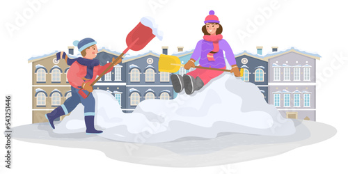 Boy and girl removing the snow with shovels and having fun. Children cleaning the territory, snowy road. Snow pile. Snow drift in winter. Flat vector illustration.