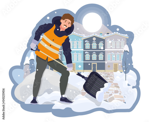 Male worker removing the snow from the pavement with a shovel. Man cleaning the territory near the house, snowy road. Public municipal works in winter.  Snow drifts in the city. vector illustration.