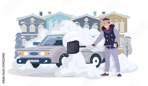 Man cleaning his car from the snow with a shovel. Car covered with snow. Snowstorm in winter. Snowy roads. Snow removal. Flat vector illustration