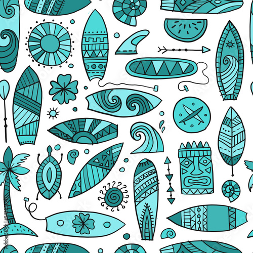 Surf boards collection, surfing time. Hawaii seamless pattern design for fabric, wallpapers etc. Vector illustration