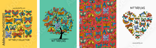 Butterflies collection - frame, tree, backdrop, heart shape. Concept art for ...