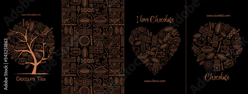Chocolate, cacao and sweets - concept arts collection. Frame, pattern, tree, heart shape. Set for your design project - cards, banners, poster, web, print, social media, promotional materials. Vector photo