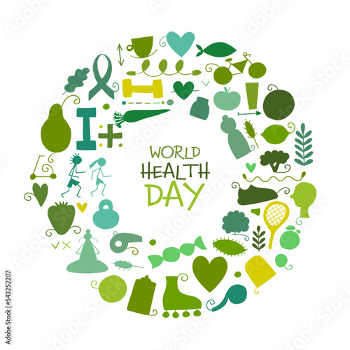 World health day. Green Concept art with healty lifestyle desing elements, icons set. Circle background. Vector illustration