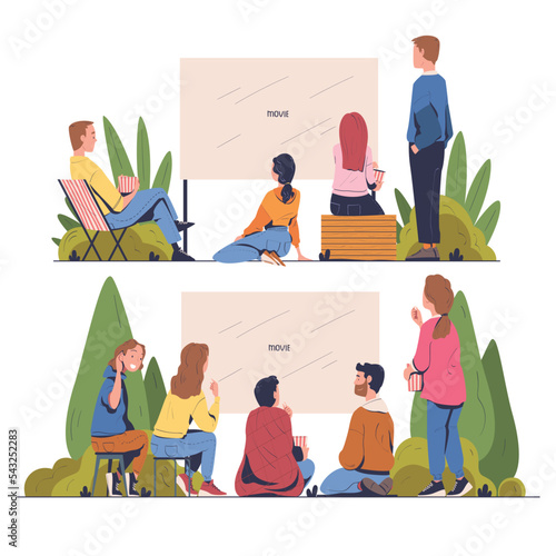 People Watching Movie Sitting in Open Air Cinema Together with Popcorn Vector Set