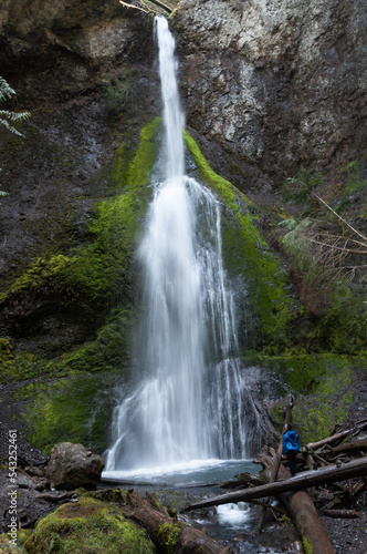 A tourist near Marymere Falls, Olympic Peninsula, USA photo