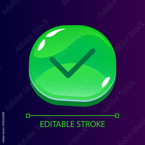 Tick glossy ui button with linear icon. Complete task mark. Voting online function. Isolated user interface element for web, mobile, video game design. Editable stroke. Arial font used