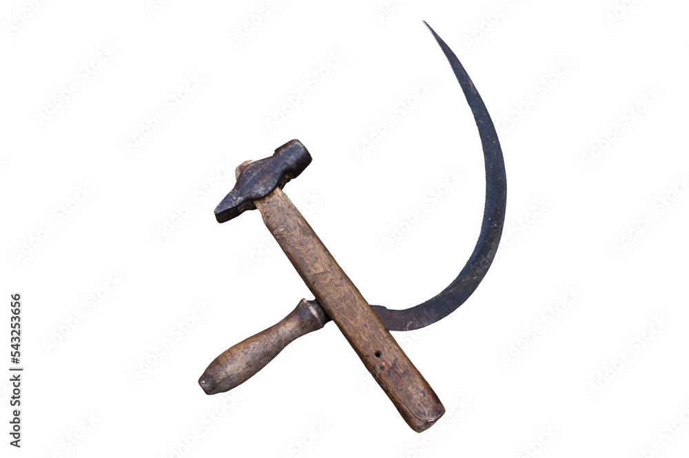 Kommunistische Symbole Hammer und Sichel mit echten Werkzeugen über
