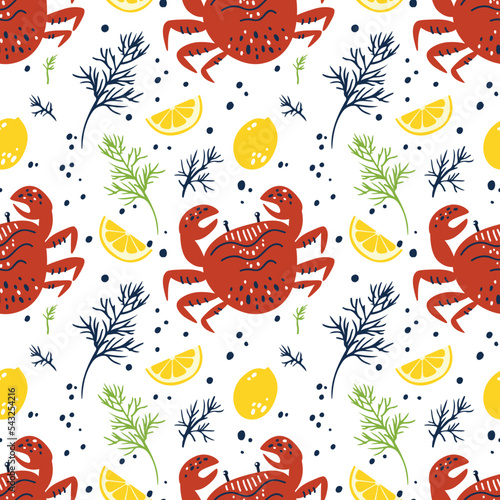 Seamless pattern with culinary ingredients of seafood and greens with lemon. Background for wallpaper print, textile or packaging. Crabs for cooking delicacies. Cartoon illustration.