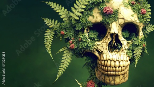 3D rendering of overgrown skull with leaves and flowers isolated on a green background photo