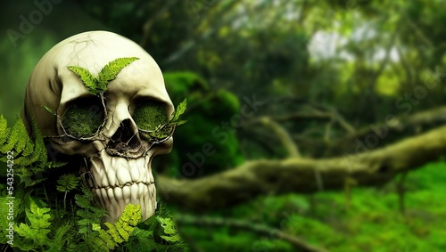 3D rendering of overgrown skull with leaves and flowers isolated on a blurred background of a forest photo
