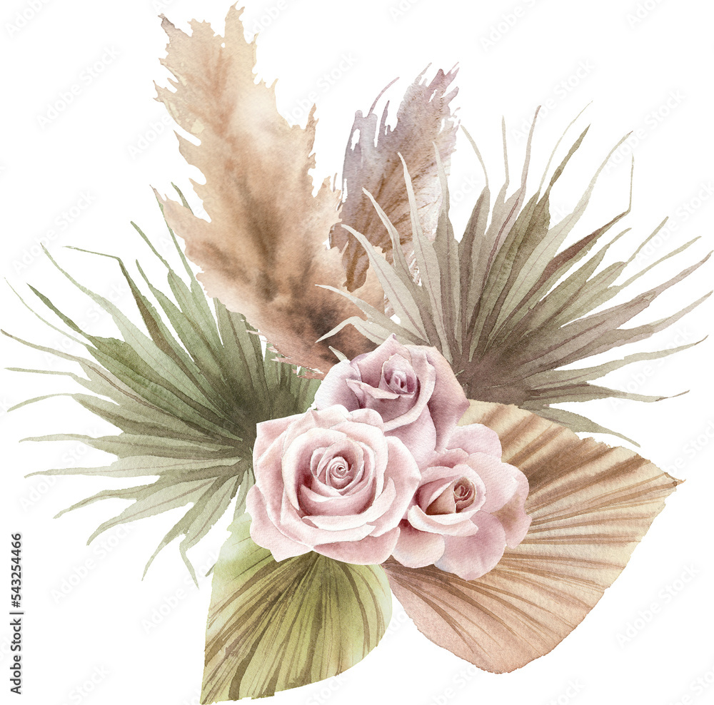 Composition of pampas grass, palm trees and roses.Decorative floristry  Stock Photo - Alamy