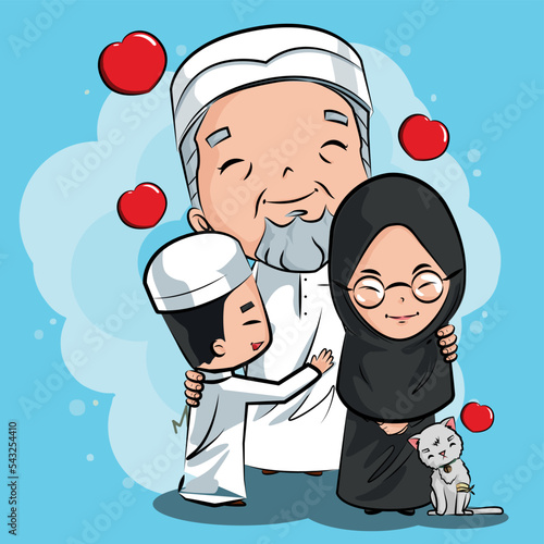 Grandfather and grandchildren in a Muslim family