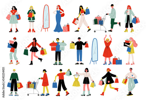 Man and Woman with Shopping Bags Making Purchase in Shopping Mall Vector Set