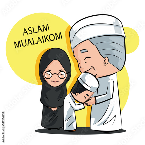 Grandfather and grandchildren in a Muslim family
