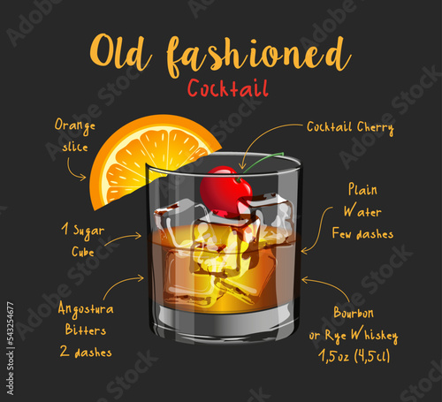 Old fashioned alcoholic drink in a glass goblet with ice cherry and orange on a black background with a recipe