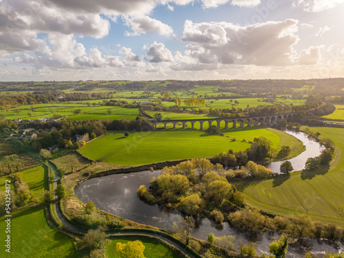 Aerial view over Arthington Viaduct and the River Wharfe on a sunny autumn day