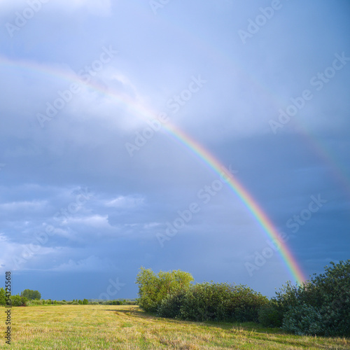 Rainbow on the background of storm clouds over a mown meadow