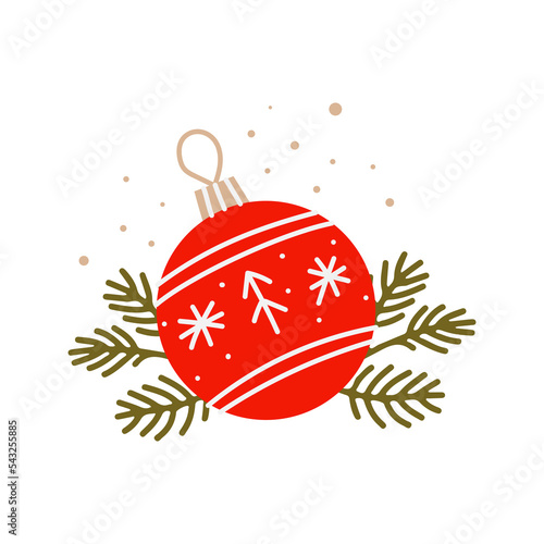 Christmas ball with branches of a Christmas tree. Red bauble decoration isolated on white background. Symbol of Happy New Year, Christmas celebration, winter. Flat design for a card.