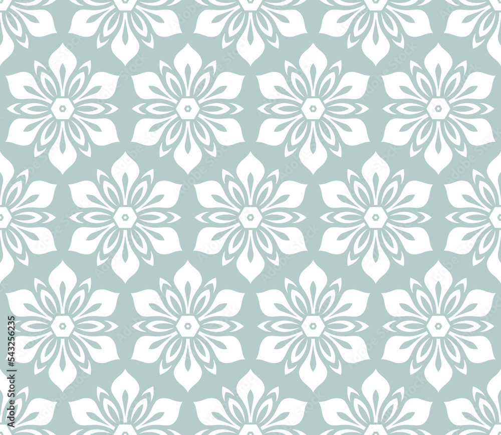 Floral white ornament. Seamless abstract classic background with flowers. Light blue and white pattern with repeating floral elements. Ornament for fabric, wallpaper and packaging Floral white ornament. Seamless abstract classic background with flowers. Light blue and white pattern with repeating floral elements. Ornament for fabric, wallpaper and packaging