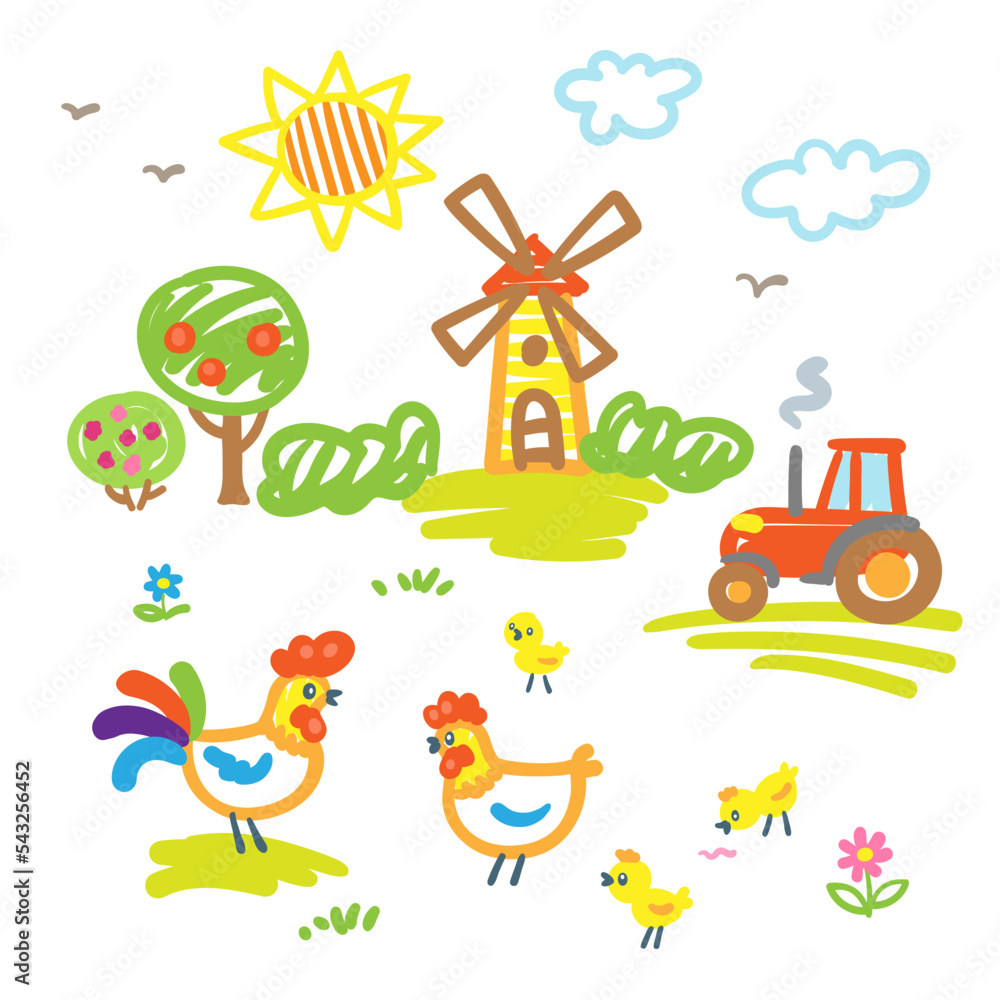 Obraz premium Children's drawing. Funny farm. Windmill, tractor, sun, trees, flowers and chickens. In cartoon style. Isolated on white background. Vector illustration