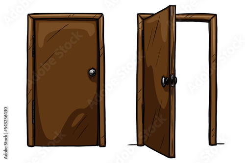 Open and closed door vector illustration on white background