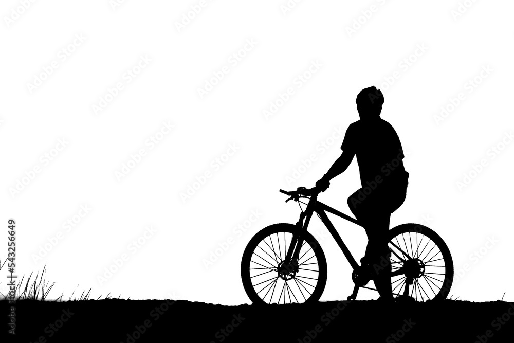 Silhouettes of mountain bikes and cyclists in the evening happily