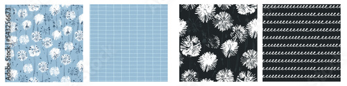 Seamless patterns set with hand drawn meadow flowers in Ditzy style. Stylish dark illustrations on beige background for surface design and other design projects