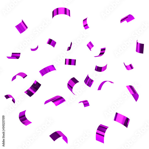 Falling shiny purple confetti on transparent background. Bright violet festive tinsel. Holiday design elements for web banner, poster, flyer, invitation.