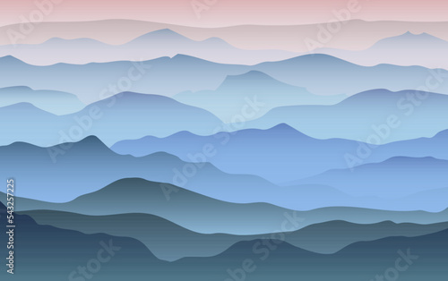 landscape mountains, fog, vector, graphic illustration