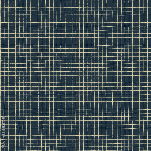 Seamless checkered repeating pattern with hand drawn golg imitation grid in Art Deco style. Dark plaid background for wrapping paper, surface design and other design projects