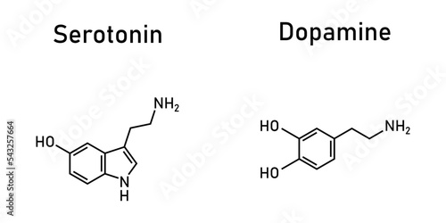 Dopamine and serotonin molecular structure. Scientific vector illustration isolated on white background.