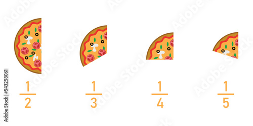 Fraction pizzas. Fraction for kids. Pizza slices. Fraction fun with pizza. vector illustration isolated on white background.