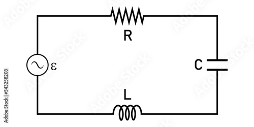 series LCR circuit connected to an AC source. Resistor, Capacitor and Inductor. Scientific vector illustration isolated on white background.
